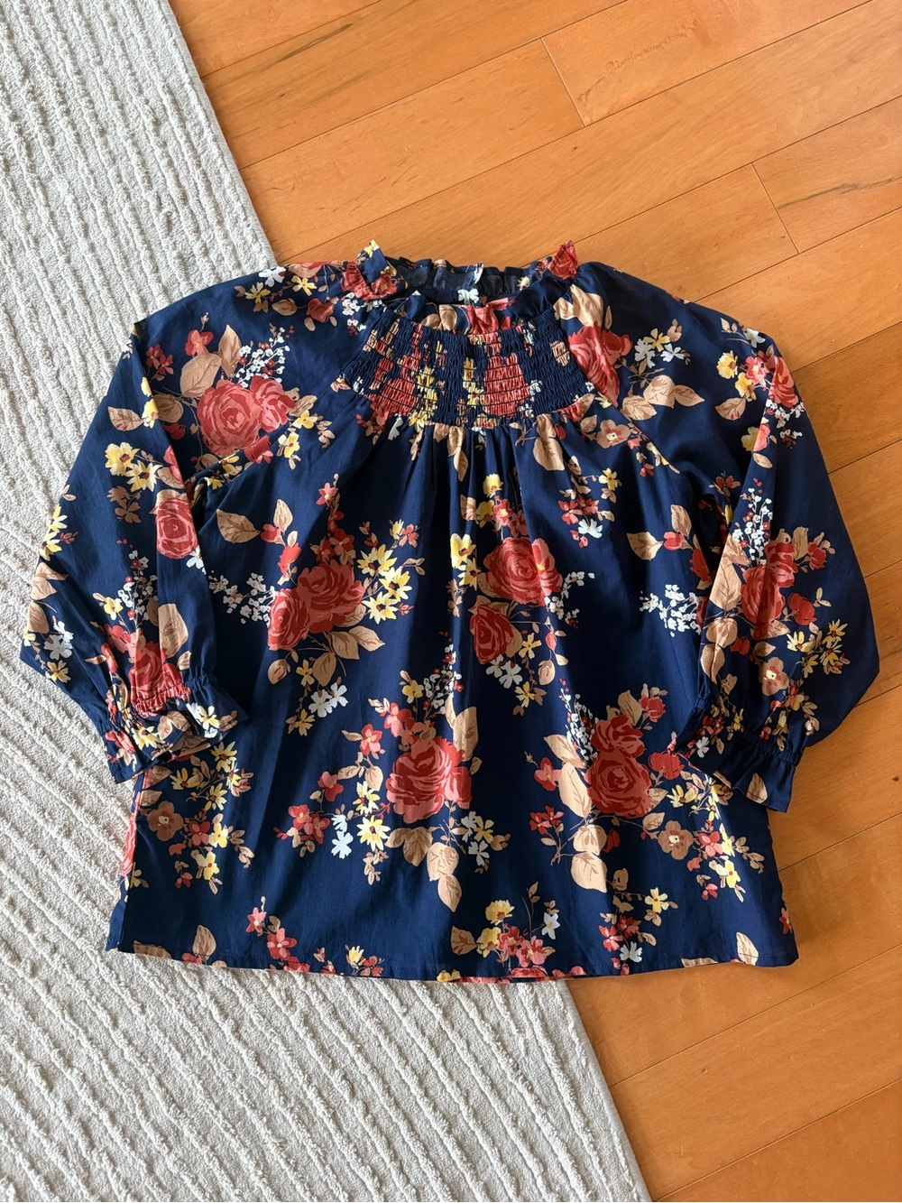 Janie And Jack Girls Sz 12 Navy Floral Smocked Cottagecore Blouse